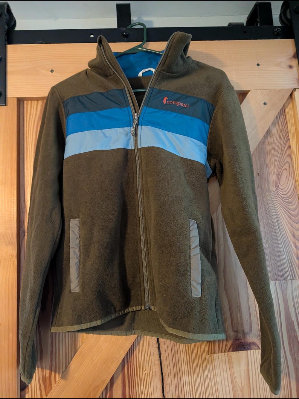 cotopaxi Olive Green Fleece Jacket with Blue Stripes